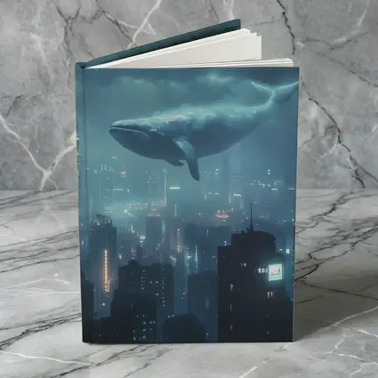 Blue Whale Flying Over Futuristic City