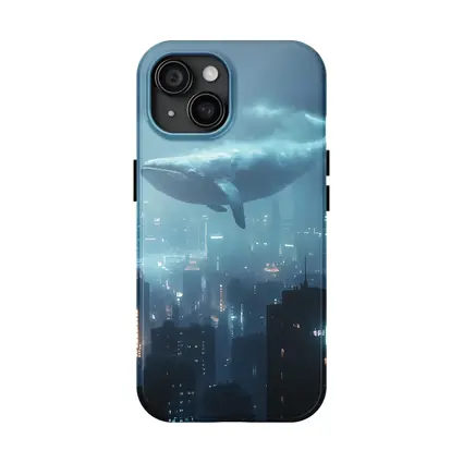 Blue Whale Flying Over Futuristic City