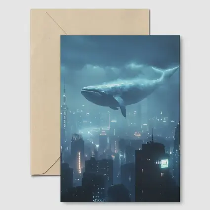 Blue Whale Flying Over Futuristic City