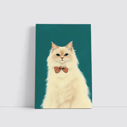 Fluffy White Cat Bow Tie Teal Background