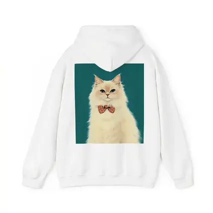 Fluffy White Cat Bow Tie Teal Background