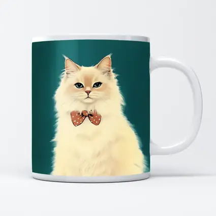 Fluffy White Cat Bow Tie Teal Background