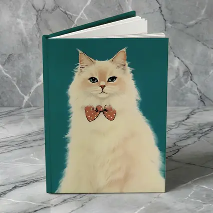Fluffy White Cat Bow Tie Teal Background