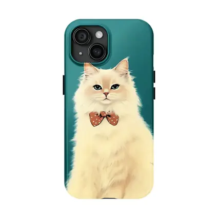 Fluffy White Cat Bow Tie Teal Background