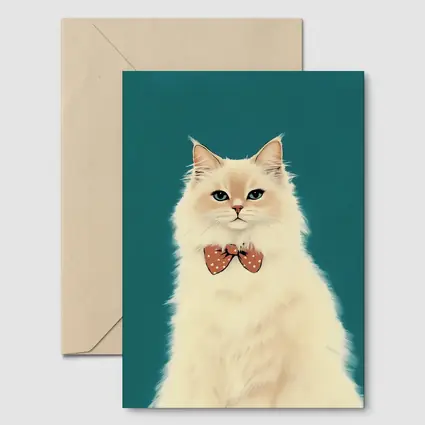 Fluffy White Cat Bow Tie Teal Background