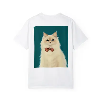 Fluffy White Cat Bow Tie Teal Background