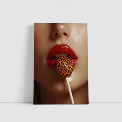 Red Lips Leopard Print Lollipop Close Up
