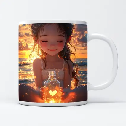 Anime Girl Glowing Heart Jar Beach Sunset
