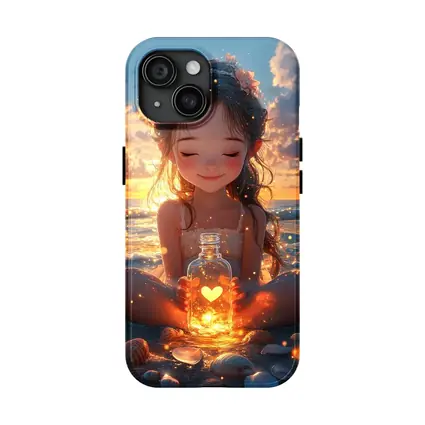 Anime Girl Glowing Heart Jar Beach Sunset
