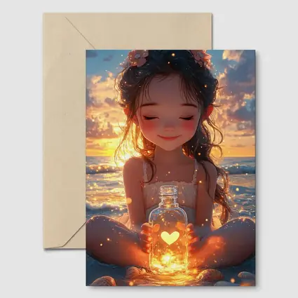Anime Girl Glowing Heart Jar Beach Sunset