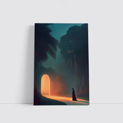 Cloaked Figure Glowing Arch Tropical Night