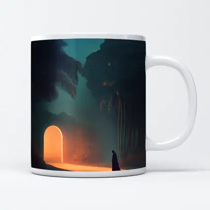 Cloaked Figure Glowing Arch Tropical Night