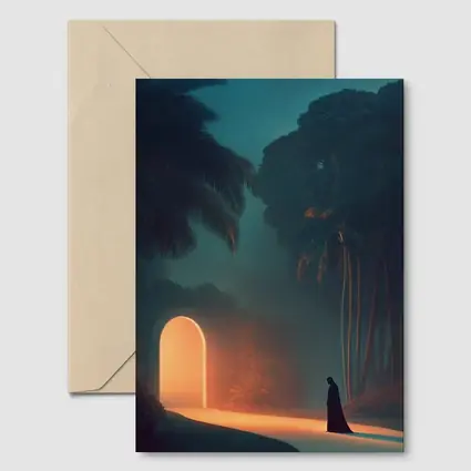Cloaked Figure Glowing Arch Tropical Night