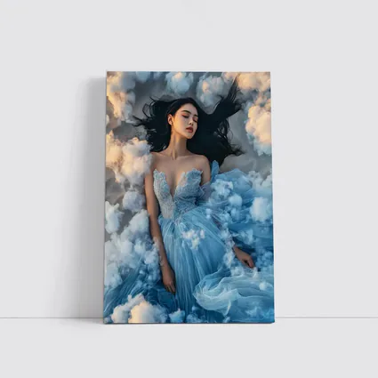 Woman Blue Dress Floating Among Clouds