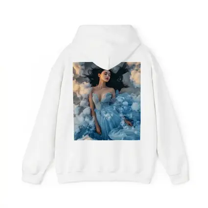 Woman Blue Dress Floating Among Clouds