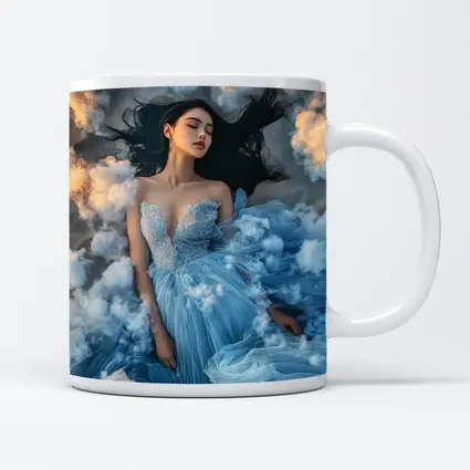 Woman Blue Dress Floating Among Clouds