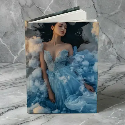 Woman Blue Dress Floating Among Clouds