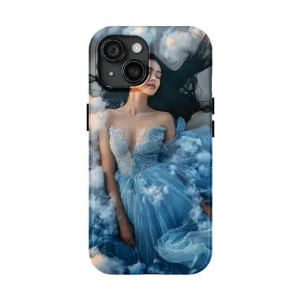 Woman Blue Dress Floating Among Clouds