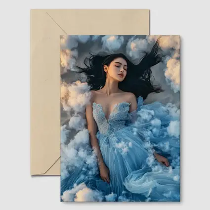 Woman Blue Dress Floating Among Clouds