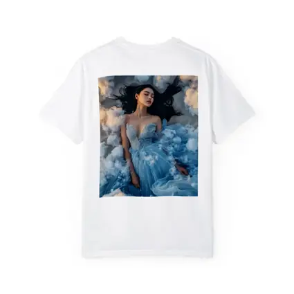 Woman Blue Dress Floating Among Clouds