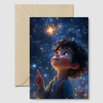 Cartoon Boy Pointing At Starry Night Sky