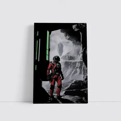 Red Astronaut Standing In Alien Cave