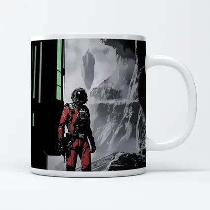 Red Astronaut Standing In Alien Cave