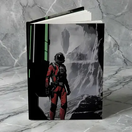Red Astronaut Standing In Alien Cave