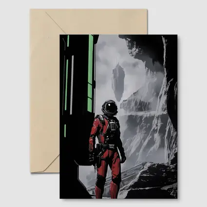 Red Astronaut Standing In Alien Cave
