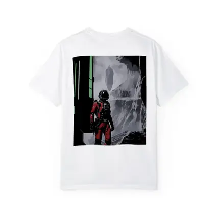 Red Astronaut Standing In Alien Cave
