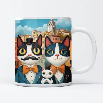 Cat Family Portrait Colorful City Background