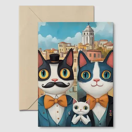 Cat Family Portrait Colorful City Background