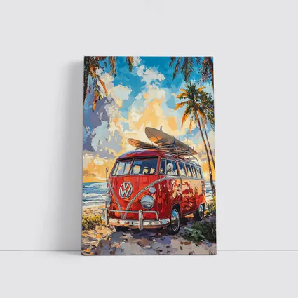 Red VW Bus Parked On Tropical Beach