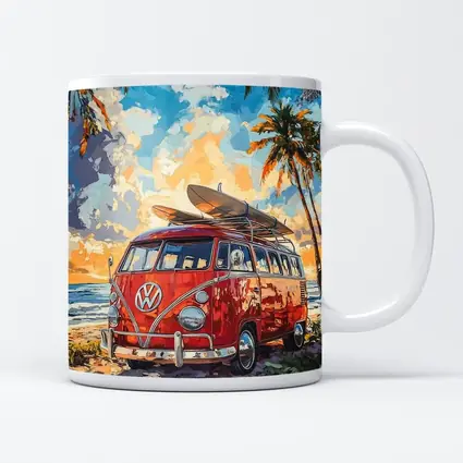 Red VW Bus Parked On Tropical Beach