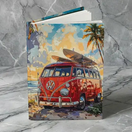 Red VW Bus Parked On Tropical Beach