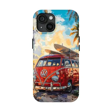 Red VW Bus Parked On Tropical Beach