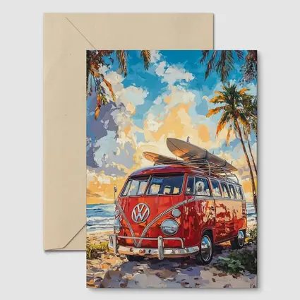 Red VW Bus Parked On Tropical Beach
