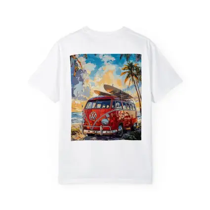 Red VW Bus Parked On Tropical Beach