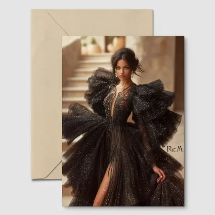 Black Glitter Tulle Gown Woman Portrait