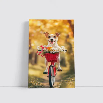 Jack Russell Terrier Riding Red Bicycle Flowers