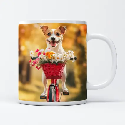 Jack Russell Terrier Riding Red Bicycle Flowers