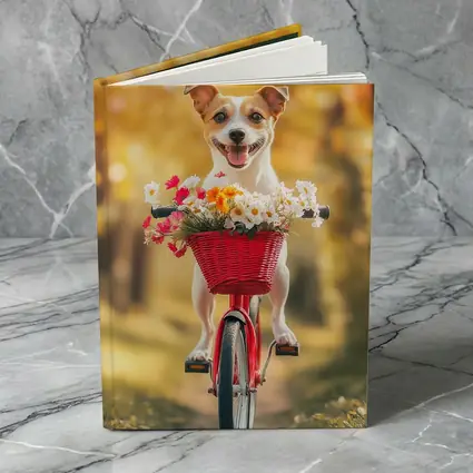 Jack Russell Terrier Riding Red Bicycle Flowers