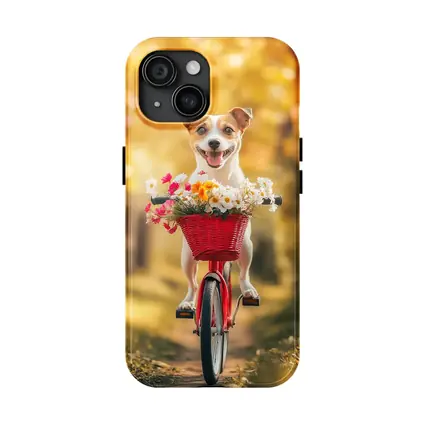 Jack Russell Terrier Riding Red Bicycle Flowers