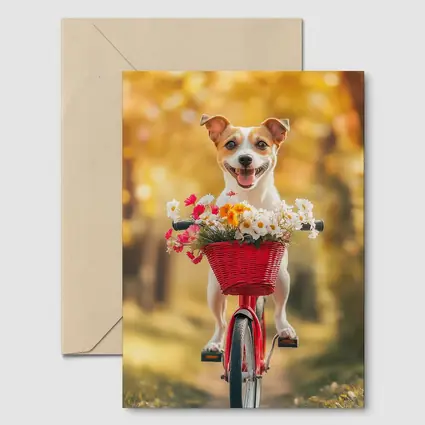Jack Russell Terrier Riding Red Bicycle Flowers