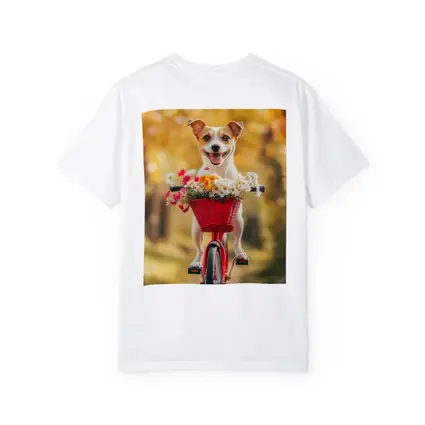 Jack Russell Terrier Riding Red Bicycle Flowers