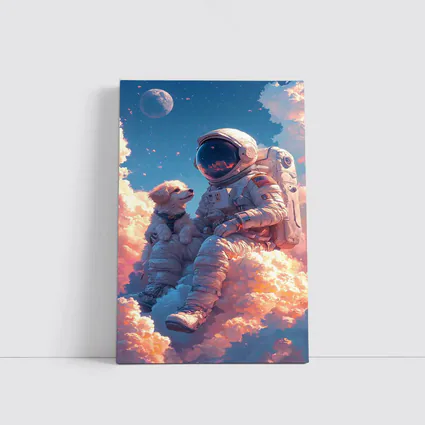 Astronaut and Dog Sitting on Clouds
