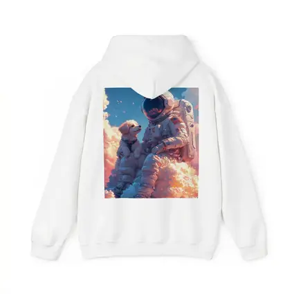 Astronaut and Dog Sitting on Clouds