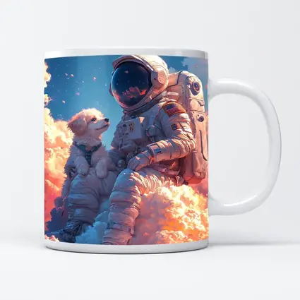 Astronaut and Dog Sitting on Clouds