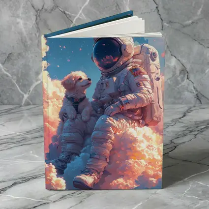 Astronaut and Dog Sitting on Clouds
