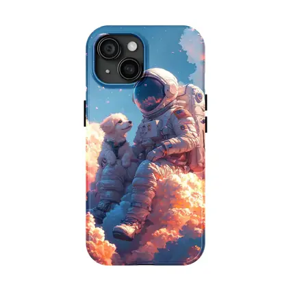 Astronaut and Dog Sitting on Clouds